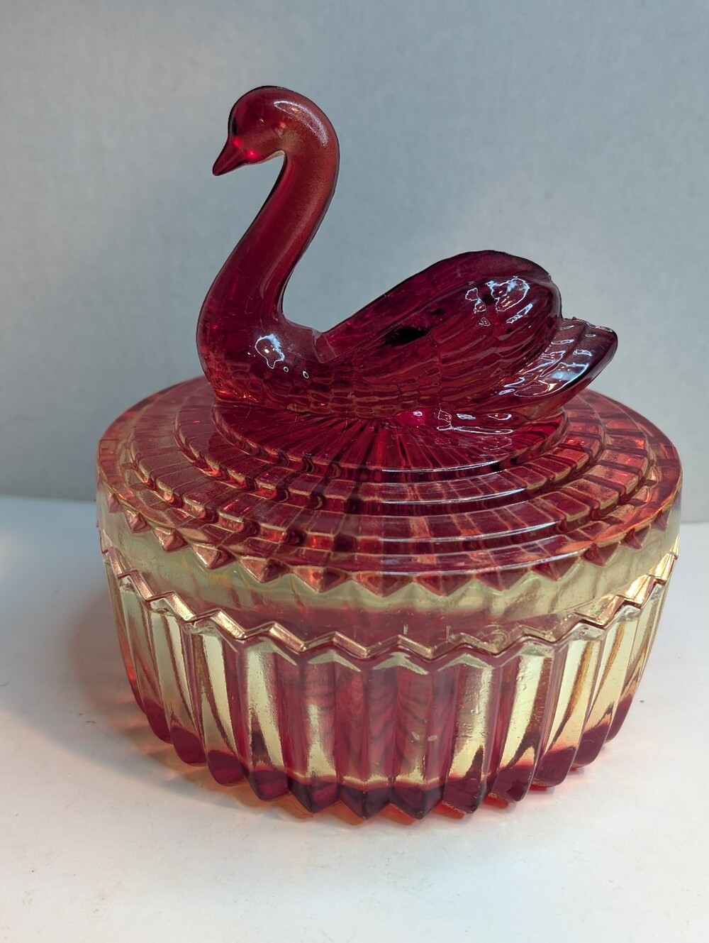 Vintage Jeanette Amberina Glass Powder Jar & Swan Lipstick Holder Lid Candy Dish
